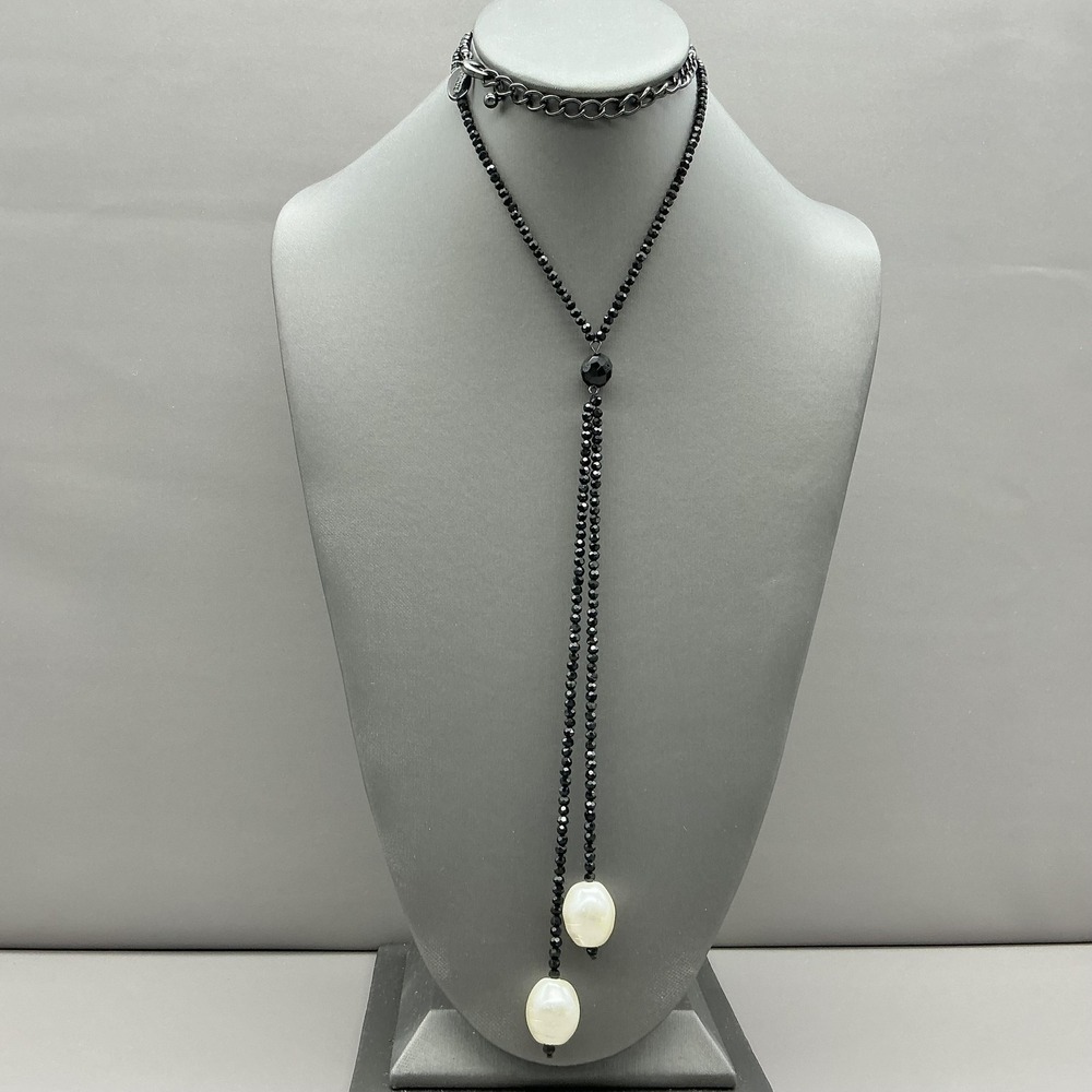 Chicos‎ Necklace Beaded Lariat Y Drop Black White Imitation Pearl 30 Inch Womens